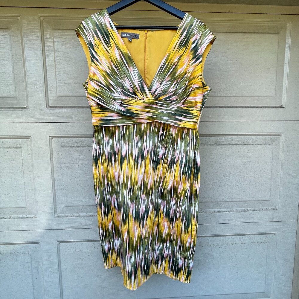 Ikat Print Donna Ricco Cotton Blend Yellow Green Sheath Dress 14